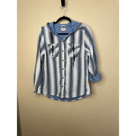 Boston Traders Womens Blue White Striped Blouse L Hooded Button-Up cotton - Picture 1 of 7